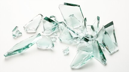 Fragmented glass pieces in various shapes and sizes, spread on a white background