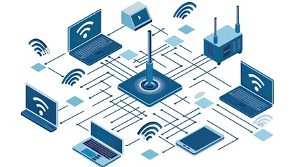 A vibrant digital representation highlights various devices seamlessly connected to a central network hub. Laptops and mobile devices radiate signals, illustrating contemporary connectivity