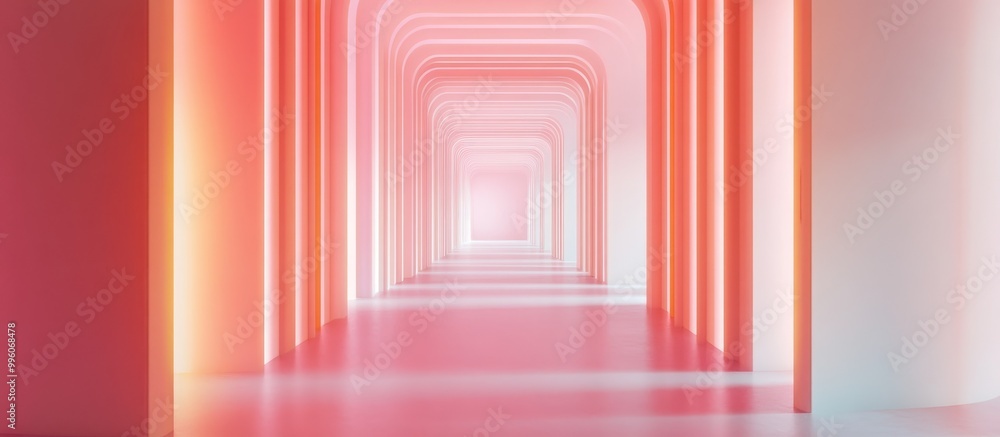 Aufkleber surreal 3d rendering featuring an abstract corridor with a pastel pink background creating a dreamli