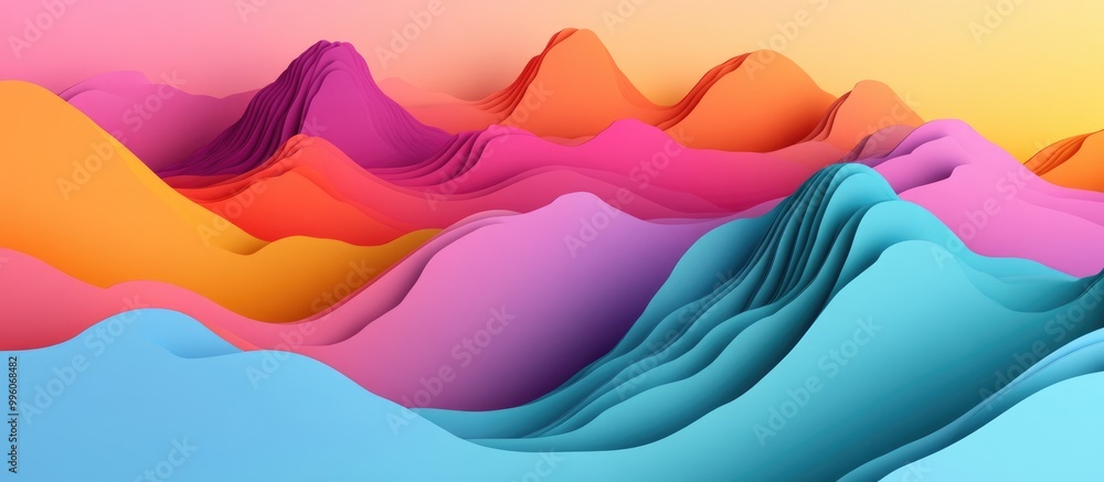 Poster abstract paper cut illustration featuring mountainous shapes surreal terrain design with colorful eq