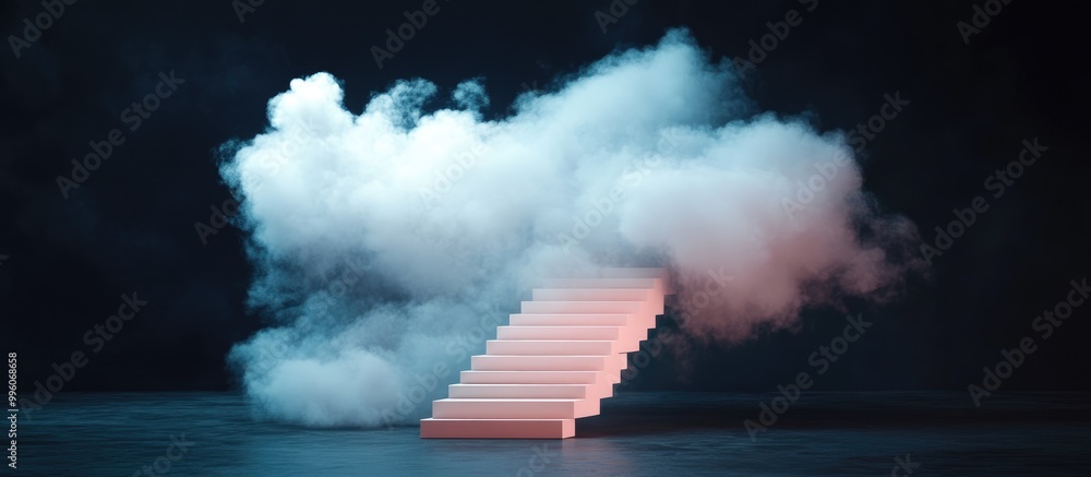 Poster surreal illustration of a white cloud with a staircase against a dark backdrop a creative blend of f