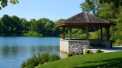 Fototapeta premium Lakeside scene with serene water reflections and a stone gazebo, set in a lush green landscape with clear blue sky, creating a tranquil outdoor setting and harmonious blend.