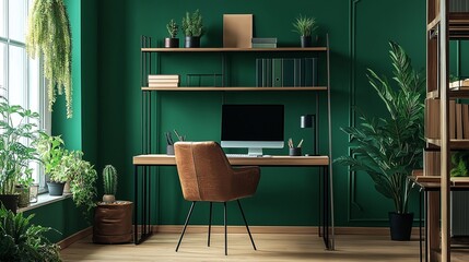 A stylish home office setup featuring green colors and natural plants, ideal for boosting productivity and creating a calming work environment.