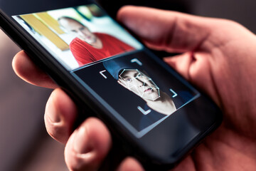 Deep fake. Deepfake AI photo or video in phone. Face swap. Artificial intelligence edit to picture. Machine learning or fraud. Identity theft. Synthetic facial detection and editor in smartphone.