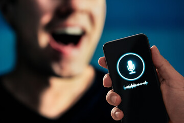 Voice recognition, AI speech generator or audio recording app on phone. Deep fake vocal sound. Mic...