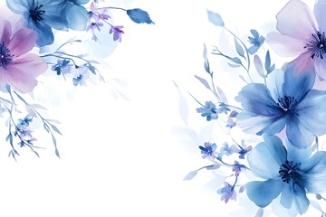 Abstract watercolor painting with blue and purple flowers on a background. 