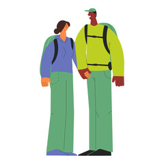 Cheerful couple of male and female holding their hands, standing close to each other. Hiking outdoor adventure, active tourists, trekking and backpacking. Vector illustration.