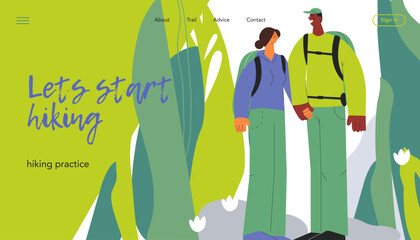 Cheerful couple of male and female holding their hands on nature background. Hiking active tourists, trekking and backpacking. Vector illustration. Landing page, website banner template.