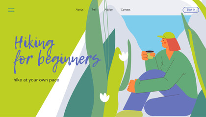 Cheerful female calmly sit and enjoy her cup of drink on nature background. Taking a break from hiking. Hiking outdoor adventure, tourist, trekking and backpacking. Vector illustration. Website banner