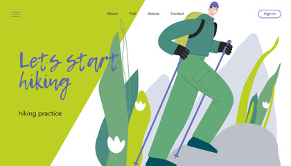 Naklejka premium Cheerful male hiking with hiking poles on nature background. Hiking outdoor adventure, active tourist, trekking and backpacking. Vector illustration. Let's start hiking. Landing page, website banner