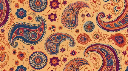 A colorful paisley pattern with orange, blue, and red accents.