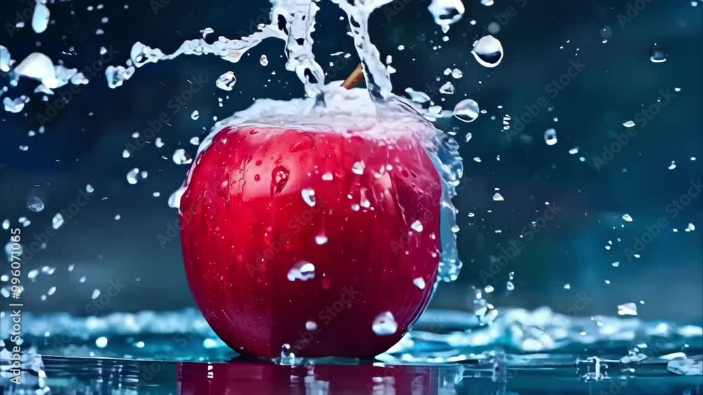 Poster a red apple splashing in water, surrounded by droplets, creating a dynamic and refreshing visual eff
