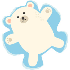 A cute polar bear character is making snow angels.