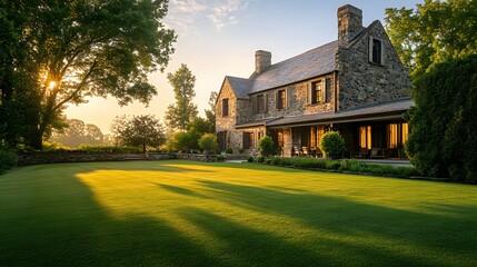 Bright morning light on a rustic stone mansion with dew-kissed lawn and illuminated windows, highlighting architectural beauty in a picturesque countryside estate.