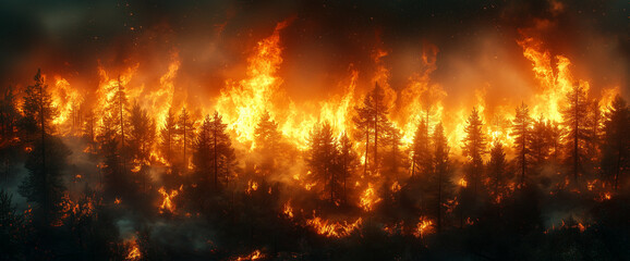 Fototapeta premium Burning forest in the woods, with thick smoke and flames engulfing the trees. Natural disaster.