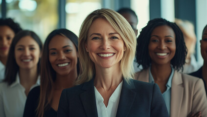 Obraz premium A professional portrait of women from various ethnic backgrounds standing together, smiling and facing the camera in an office space