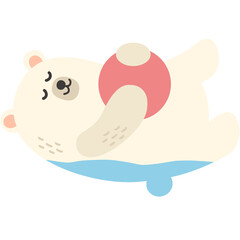 A polar bear is holding a ball floating in water.