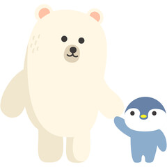 A polar bear and a penguin chick are holding hands.