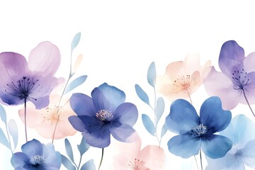 Abstract watercolor painting with blue and purple flowers on a background. 