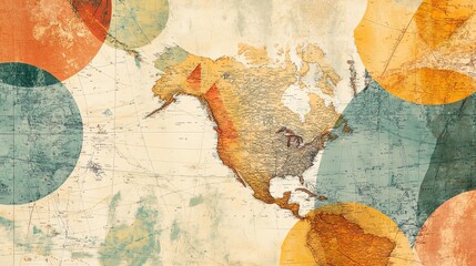 Naklejka premium A vintage-looking map of North America overlaid with colorful circles and geometric shapes, creating an abstract and artistic effect.