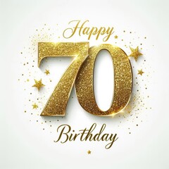 Festive golden 70th birthday design with sparkling stars and cheerful text.