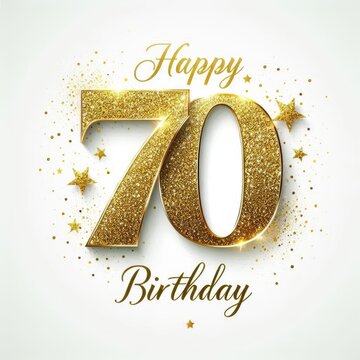Festive golden 70th birthday design with sparkling stars and cheerful text.