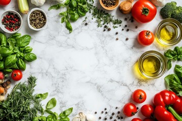 Healthy food cooking ingredients background with fresh vegetables, herbs, spices and olive oil on marble table with copy space top view with generative ai