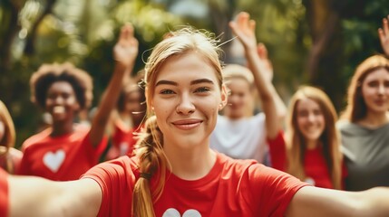 A group of diverse people take a selfie in a park, wearing red shirts with a white heart.