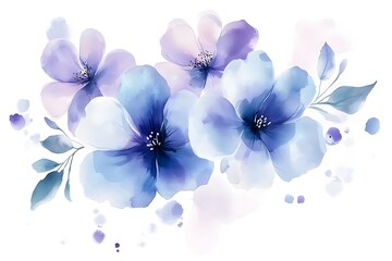 Abstract watercolor painting with blue and purple flowers on a background. 