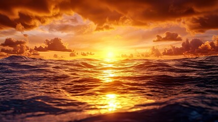 Obraz premium Vibrant sunset over ocean waves, showcasing a beautiful blend of colors and serene atmosphere.