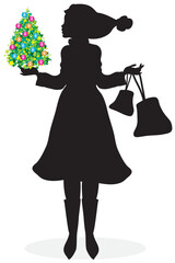 Black silhouette of a woman with a Christmas hat carrying bags and a Christmas tree