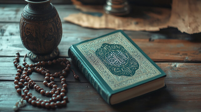 A closed Quran with a rosary and a decorative vase on a wooden table.