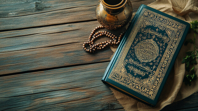 A closed Quran with prayer beads, a jug, and a sprig of mint on a rustic wooden table.