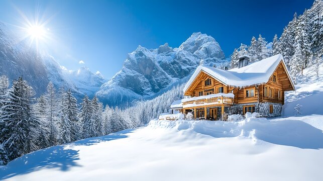 Bright winter landscape with sunlit snow-covered chalet and evergreen forest, creating a picturesque ski resort scene with rustic wooden architecture and winter wonderland.