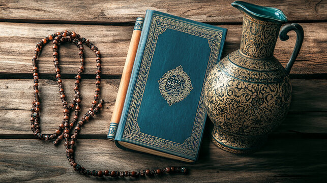 A closed Quran, a prayer beads and a decorated pitcher on a wooden table.