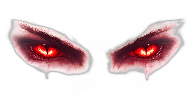 A pair of glowing red demon eyes staring directly forward isolated on a plain white background