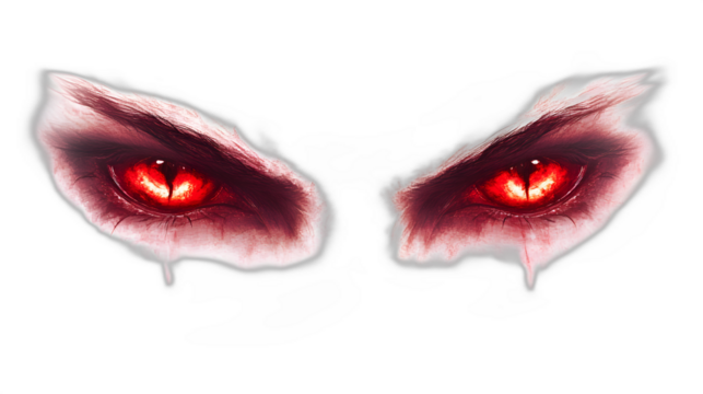 A pair of glowing red demon eyes staring directly forward isolated on a plain white background