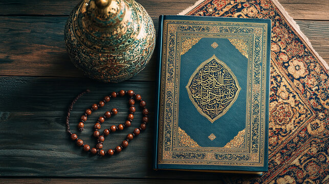 A closed Quran, prayer beads, and a traditional vase on a wooden table with a Persian rug.