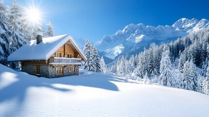 Naklejka premium Bright winter landscape with sunlit snow-covered chalet and evergreen forest, creating a picturesque ski resort scene with rustic wooden architecture and winter wonderland.