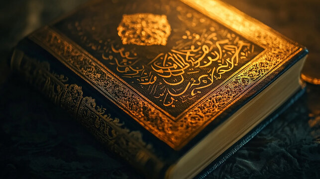 A close-up of a Quran with intricate gold designs on its cover.