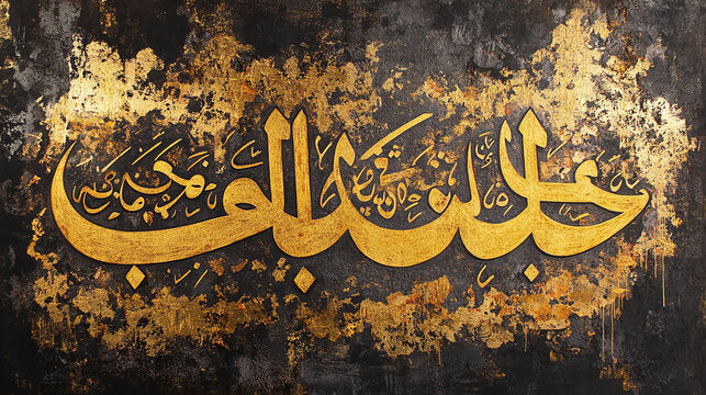 A close-up of Arabic calligraphy in gold paint on a textured black and gold background.