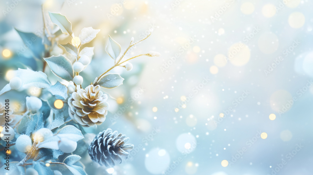 Canvas Prints Winter seasonal background, freezing white Christmas, glittering gold lights, snow pine cones and holly branches