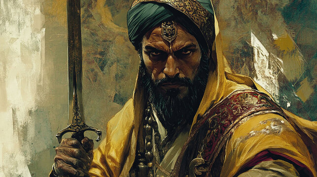 A close-up portrait of a stern-looking man wearing a turban and holding a sword.