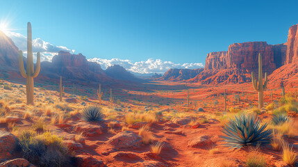 Desert landscape with towering cacti and red rocks