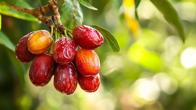 A cluster of ripe red and yellow fruit hanging from a branch, with green leaves in the background.