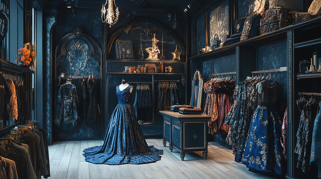 A dark and elegant boutique interior with a blue dress on display.
