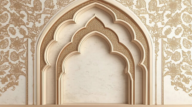 A decorative archway with intricate details and marble backdrop, perfect for showcasing products or text.