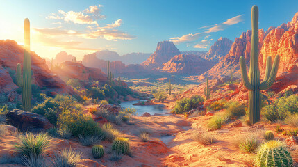 Desert landscape with towering cacti and red rocks