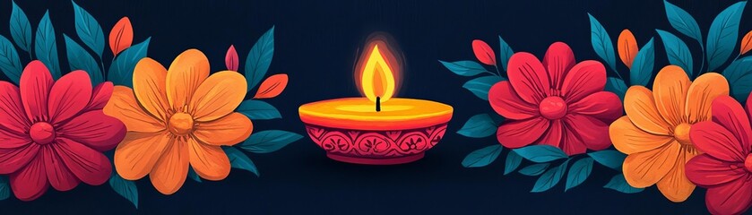Colorful floral decoration with a lit candle on a dark background.