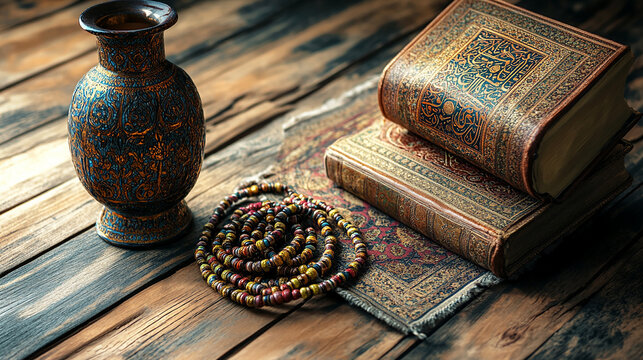 A decorative vase, prayer beads, and two antique books with ornate covers are arranged on a wooden surface with a rug.